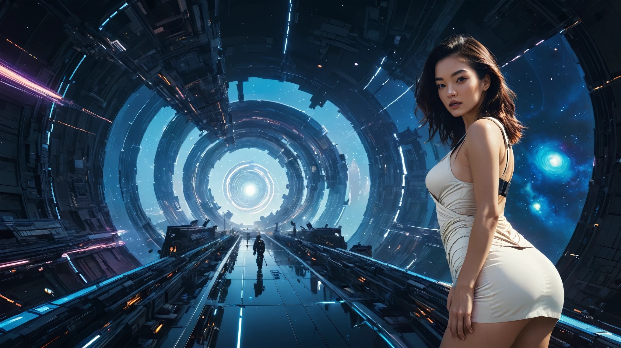 brightly colored abstract image of a space station with a spiral, epic beautiful space scifi, chaotic cinematic space rift, greg beeple, planets colliding, beeple and tim hildebrandt, beeple and jean giraud, end of the universe, galaxy space sci-fi, ringworld, by Mike "Beeple" Winkelmann. Matrix style, (((((Matrix cascading code))))), (((((a futuristic twin tower skyscraper with a unique twisted design))))), (((((OLED GUI interfaces in the building))))), at night, (((((1girl, solo))))), photo realistic, (((large-breast:1.2 slim body, cleavage))), (((off broken mini sling-shirt and black sling bra, extreamly short pleated miniskirt exposing panty))), (((((running pose))))), (((((matrix style black sunglasses))))), ((((((((((aiming with a short gun)))))))))), (((((looking at camera))))), (((very low view))), (((((half-body thigh level medium shot))))), (((cinematic lighting))).
