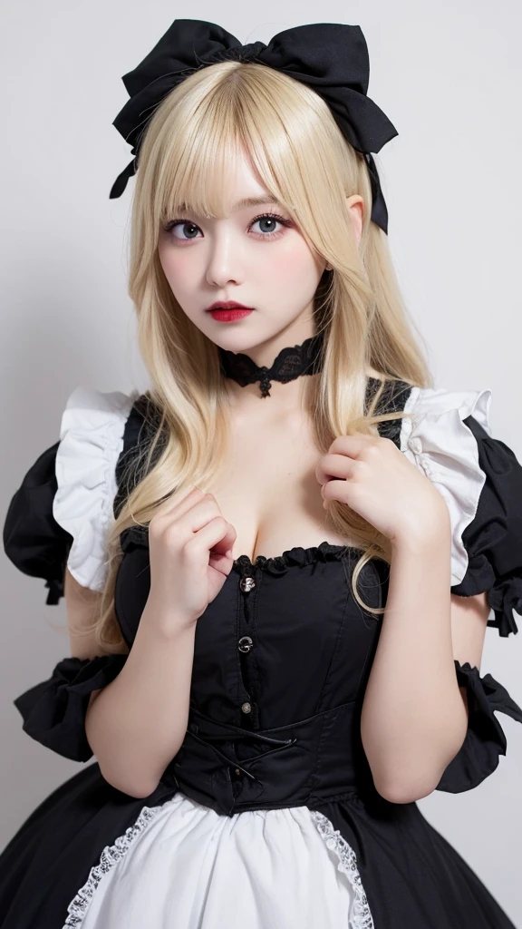(((forehead、Blonde、Northern Europe、White、beautiful girl、Blonde、White background、sexy、Gothic Lolita、Lolita Fashion)))、table top, highest quality, figure, super detailed, finely, High resolution, 8k wallpaper, Perfect dynamic composition, detailed and beautiful eyes, Deco out,blonde, medium hair, super big breasts, natural color lip,white background, random cute poses,frill dress