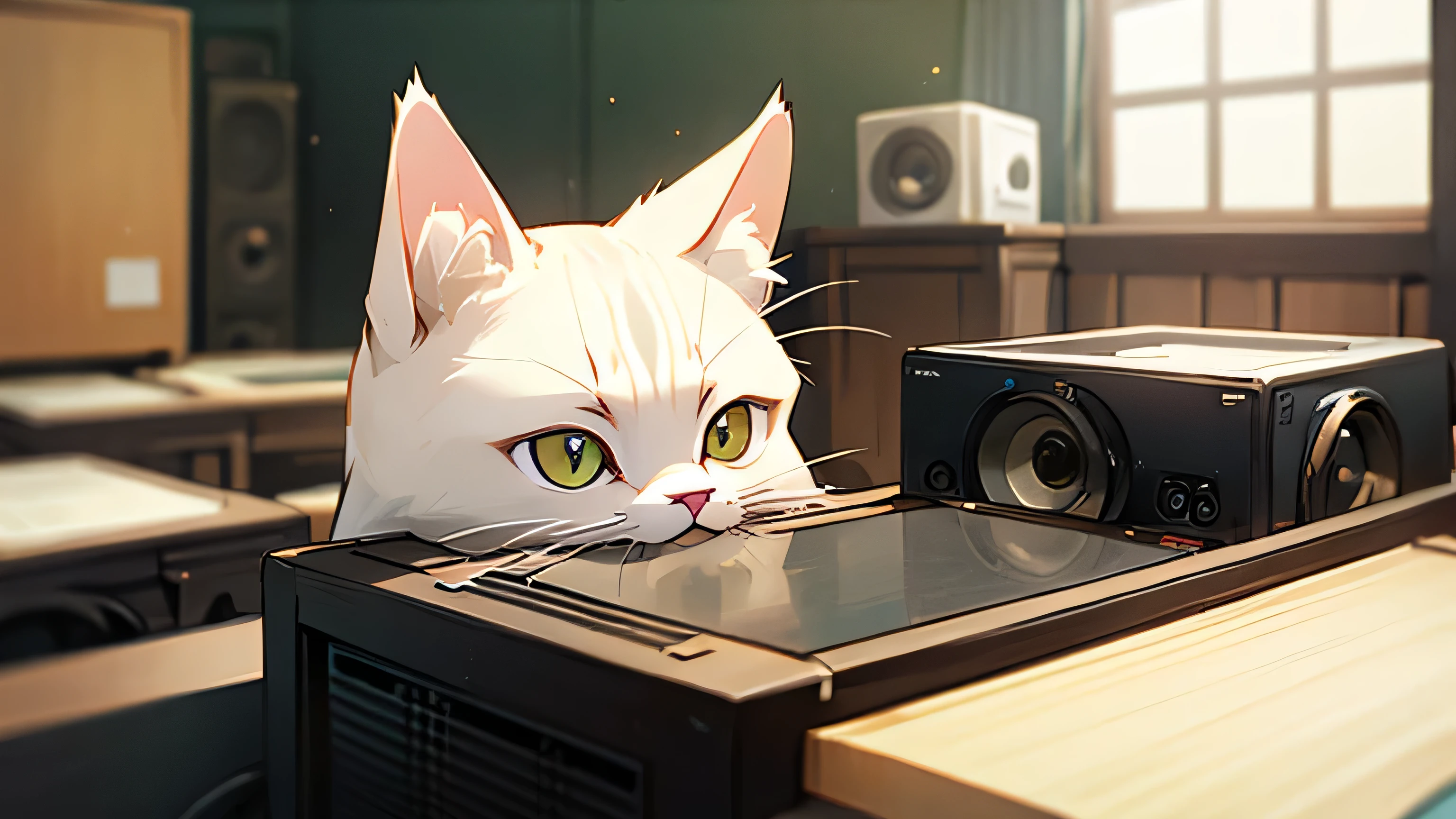 Room with speakers、Real Cat、Upper body close-up、noon