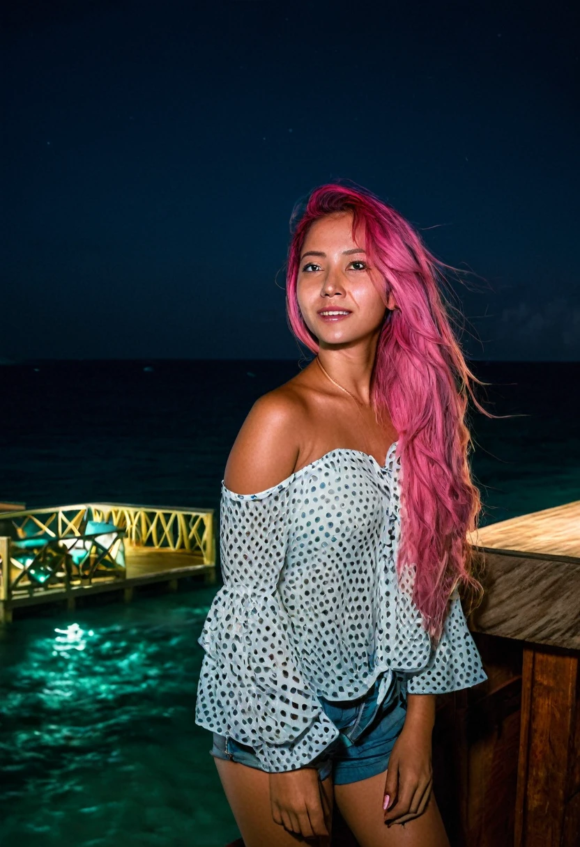 photorealistic, Best quality, hyper-detailed, beautiful latina woman, long pink hair,windy hair, portrait portrait photo, upper body, at maldives sea cafe, cafe , night time shot, wearing a vacation blouse and shorts of same color, Snapchat photo style, Instagram analog style, looking away, backside shot, skin texture, film grain, ultra-high resolution, shadow best, RAW, Instagram ,long pink hair, windy hair, soft smile, Maldives Sea Cafewide angle shot,night time, full body photo