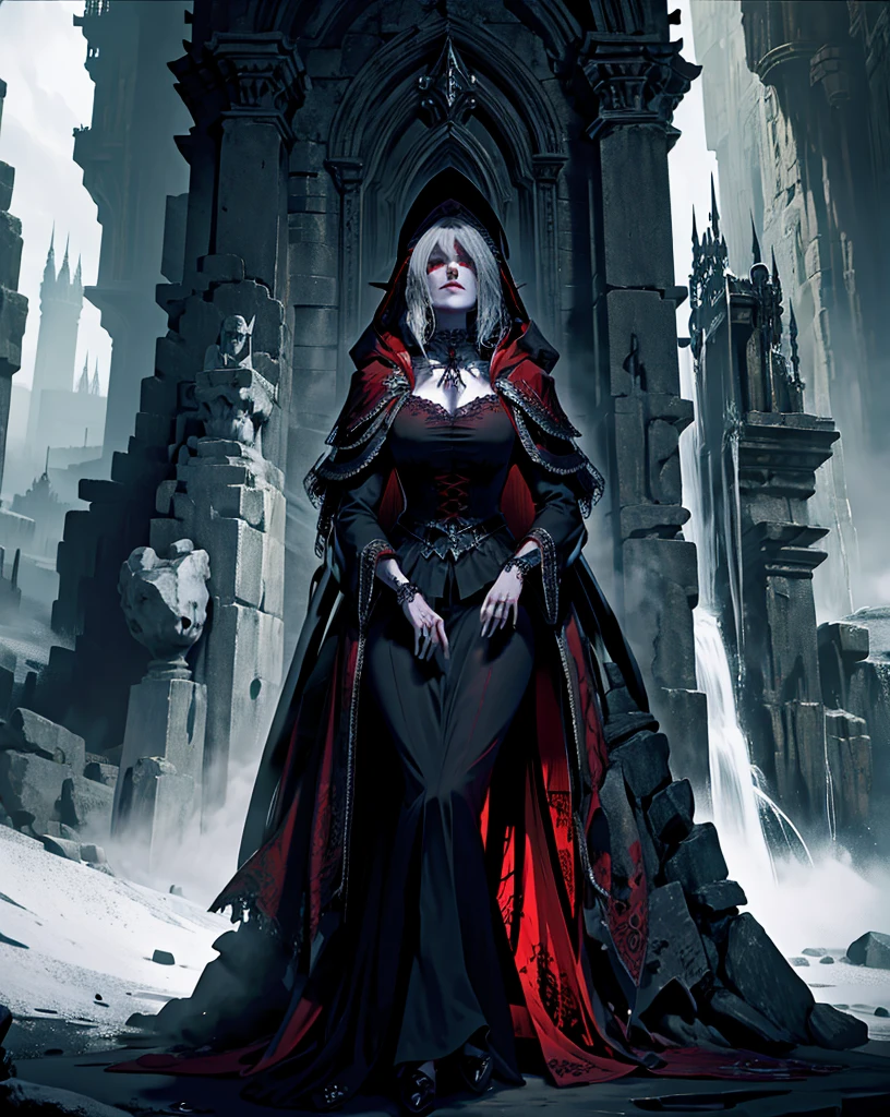 (best quality), (masterpiece), (high resolution), [:intricate details:], (detailed background) Ashely Graham, a hooded woman sitting on a throne with skulls around her, she has red eyes,her outfit has red color, her skin is white like a vampire, dark fantasy art, vampire queen, gothic fantasy art, dark sorceress, dark fantasy style art, epic fantasy art style hd, evil sorceress, necromancer sorceress, dark fantasy art, beautiful necromancer, (sage aura effect around the throne)