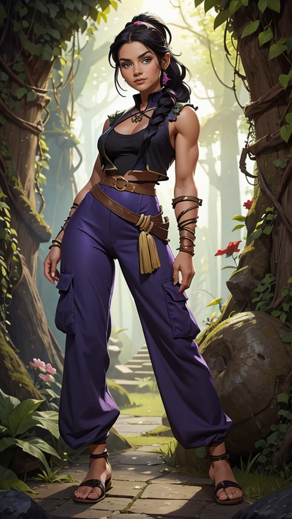 Barbarian Druid outfit, woodland armor, flowers and vines made into an outfit, Solo, female, slightly muscular, slightmuscle, big blue eyes, fantasy outfit, forest, pants, cropped jacket, modest clothingBlack hair, Black curly long hair in a ponytail, light blue eyes, tall and Toned woman, Barbarian woman, full body, aesthetic, beautiful woman,fantasy clothing, (masterpiece, best quality:1.2), solo, 1girl, smile, looking at viewer, ponytail, sandals, bare arms, no sleeves, purple and black outfit, cargo pants, red shirt, blue pants, gold accessories, light skin, bright blue eyes, wearing a battle dress