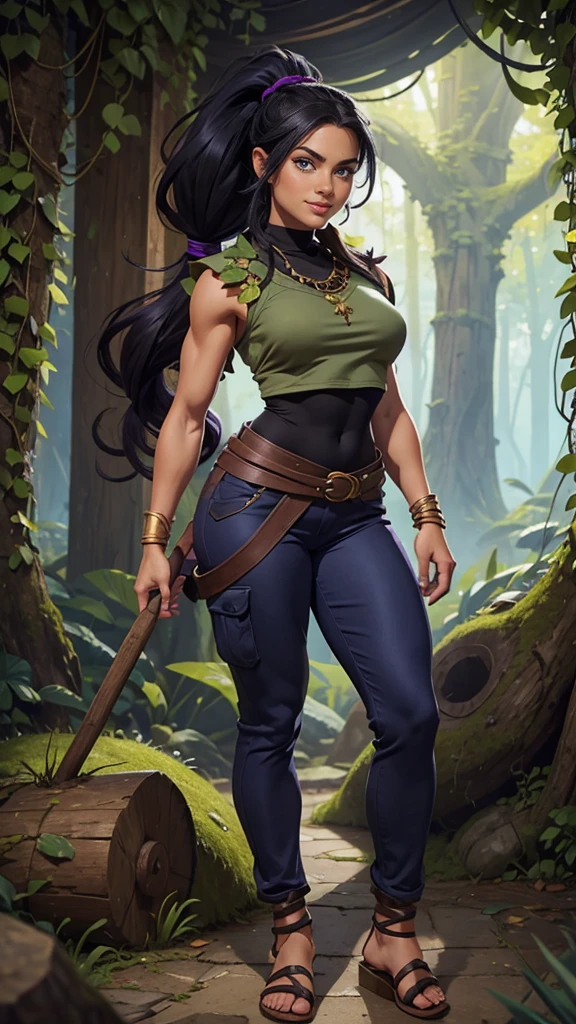 Barbarian Druid outfit, woodland armor, flowers and vines made into an outfit, Solo, female, slightly muscular, slightmuscle, big blue eyes, fantasy outfit, forest, pants, cropped jacket, modest clothingBlack hair, Black curly long hair in a ponytail, light blue eyes, tall and Toned woman, Barbarian woman, full body, aesthetic, beautiful woman,fantasy clothing, (masterpiece, best quality:1.2), solo, 1girl, smile, looking at viewer, ponytail, sandals, bare arms, no sleeves, purple and black outfit, cargo pants, red shirt, blue pants, gold accessories, light skin, bright blue eyes, wearing a battle dress