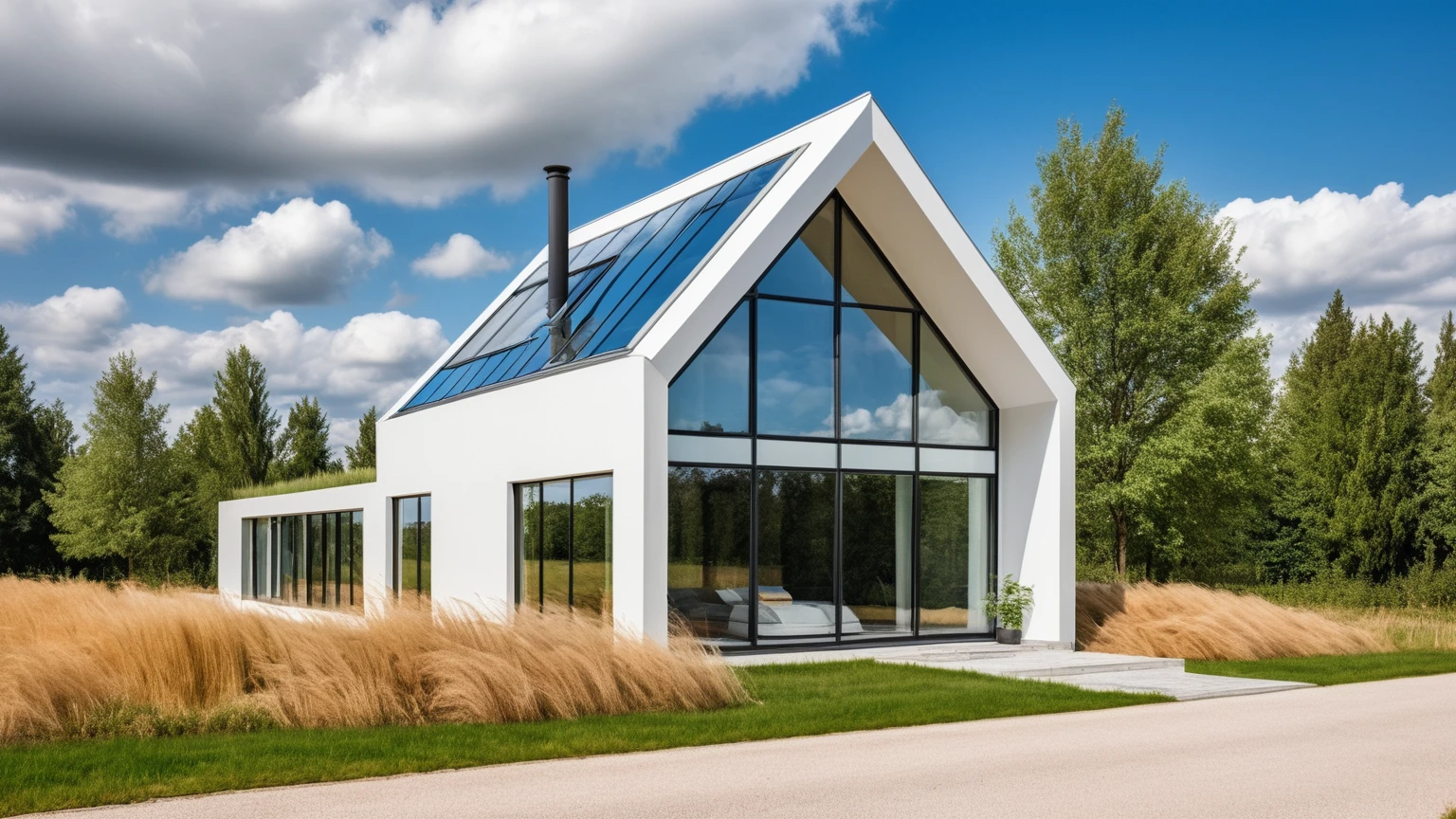 Raw photo, Masterpiece, high quality, best quality, authentic, super detail,
outdoors, house style modern,bietthuHN, white wall, glass windows, canopy
road, grass, trees, sky, cloud, daylight:2.2), vivid colors, (realistic:2.3),