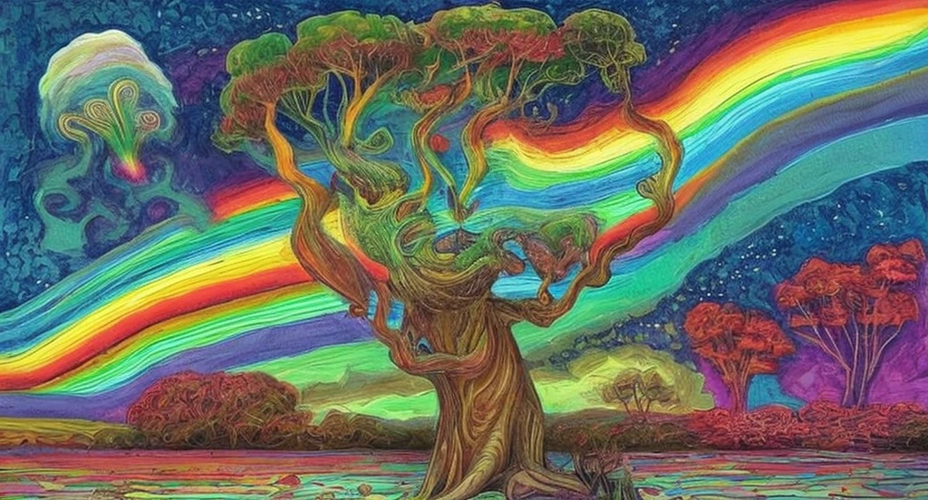 a tree and a rainbow sky