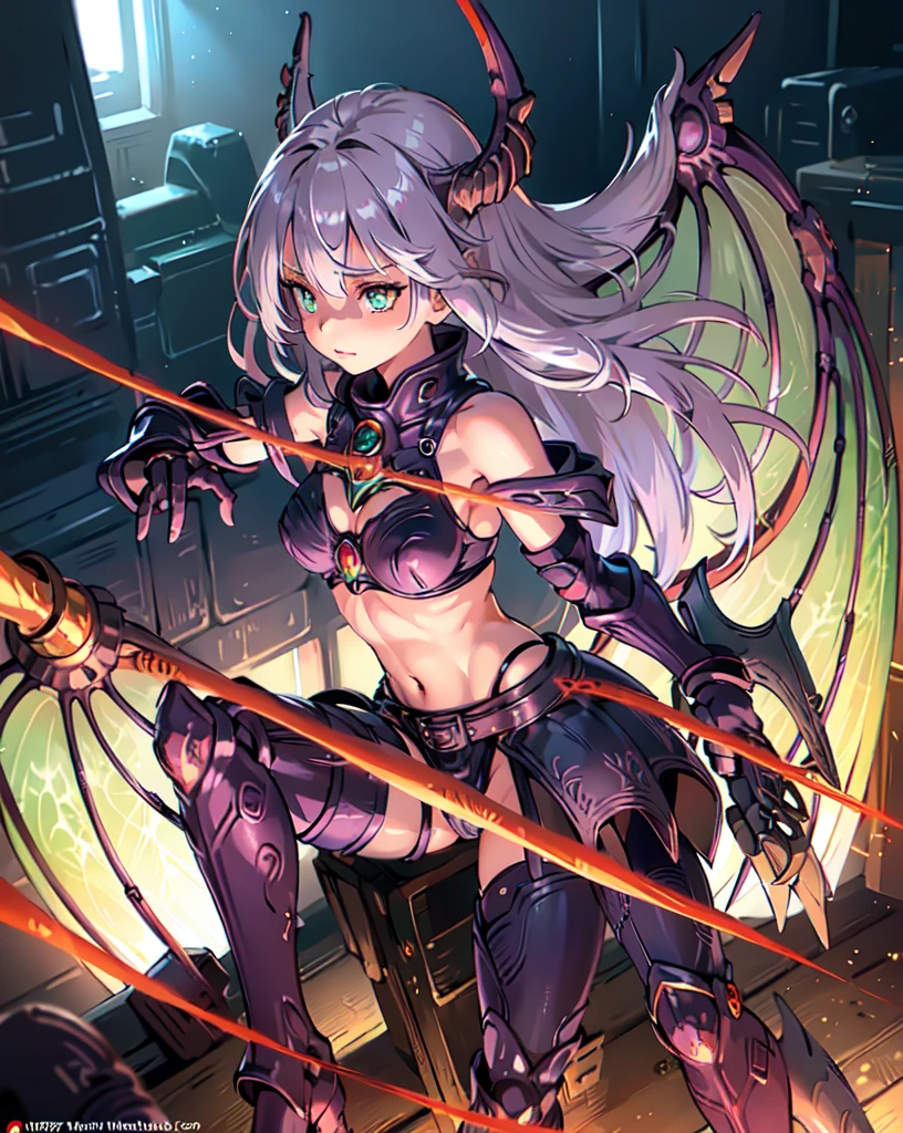 best quality, soft light, ultra high res, (photorealistic:1.4), RAW photo, 1japanese girl, solo, (pupil, lights in the eyes), (detailed beautiful face, perfect face), (large chest), (long hair), indoor, rainbow eyes, silver hair, bikini armor, unconvincing armor, cleavage, wide hips, (wings, hip wings, large wings, dragon wings), scythe, holding weapon, armored gloves, shoulder gloves, armored boots, thigh highs, micro skirt, exposed stomach, crop top, (ideal body proportions), upskirt, pale skin, 18-year-old woman, sheer clothing, waste cape, underboob, high heels, stilettoes, horny, vaginal juice, vaginal fluid