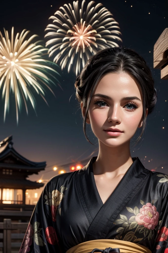 masterpiece, best quality, extremely detailed, hyperrealistic:1.1, photorealistic, a beautiful 20s russian model, ultra detailed face:1.1, half updo, black hair, japanese yukata, fireworks festival, detailed fireworks:1.1, fireworks burst in a multitude of vibrant hues, each explosion is intricately detailed with sparks and captivating rails, the night sky is clear and the stars twinkle in the background, medium shot, laughing