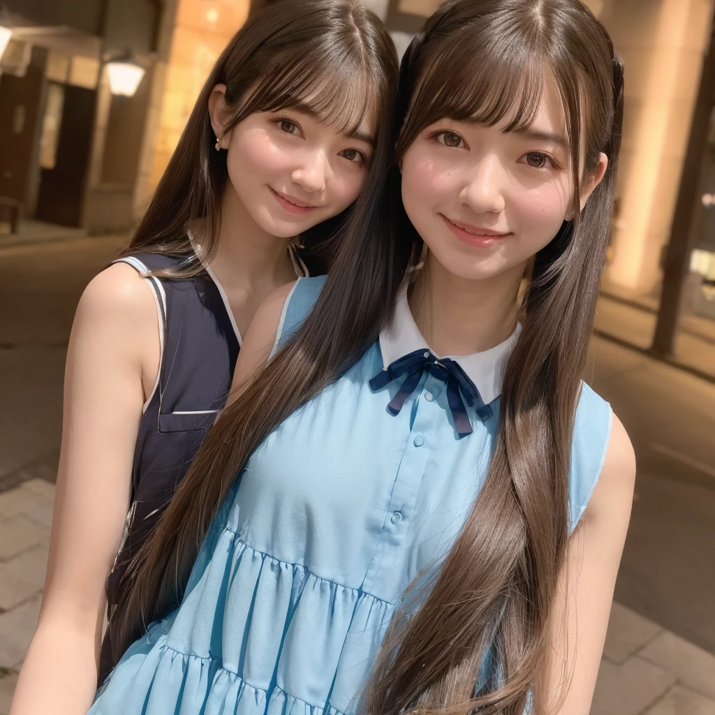 1girl, (wearing a sleeveless dress:1.4),(RAW photo, best quality), (realistic, photo-realistic:1.4), masterpiece, an extremely delicate and beautiful, extremely detailed, 2k wallpaper, Amazing, finely detail, extremely detailed CG unity 8k wallpaper, ultra-detailed, highres, soft light, beautiful detailed girl, extremely detailed eyes and face, beautiful detailed nose, beautiful detailed eyes,cinematic lighting,(in the downtown area at night:1.8),perfect anatomy,(slender body:2.0),smiling,(close up:2.0),(look at viewer),(front view:2.0),cinematic angle,(cleavage:0.8),(wavy hair), (brown eyes:1.8),(standing:2.0),  