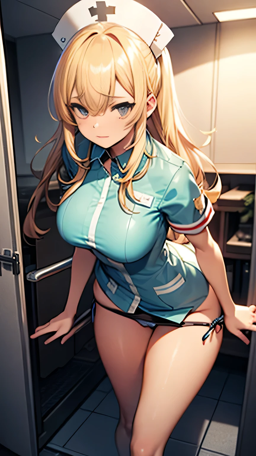 (Very detailed CG Unity 8k wallpaper),(masterpiece), (highest quality), (Super detailed), (Best illustrations),(Best Shadow), Very detailed,Large Breasts, Slender body, (Very delicate and beautiful face), (Very detailed beautiful little eyes), 18-year-old、very cute、beauty、(nurse、nurse), (Embarrassing:1.1)、I'm Embarrassing and depressed、(Let's take off your panties.:1.5), Pussy juice