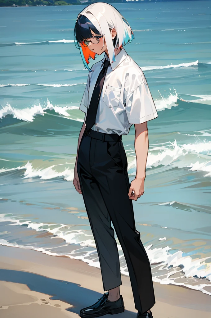 multi-color haired, two toned hair, young female, water in the background, surrounded by grass, beach background, white shirt, bangs covering head, medium length hair, black pants, one male, lean build, glasses,
