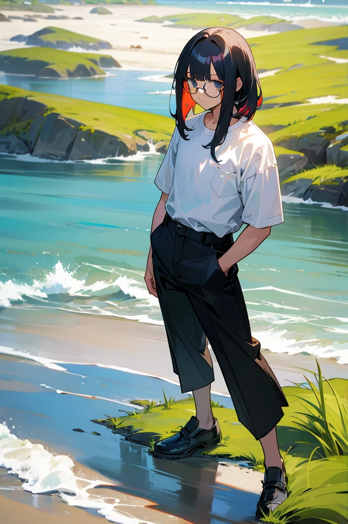 multi-color haired, two toned hair, young female, water in the background, surrounded by grass, beach background, white shirt, bangs covering head, medium length hair, black pants, one male, lean build, glasses,