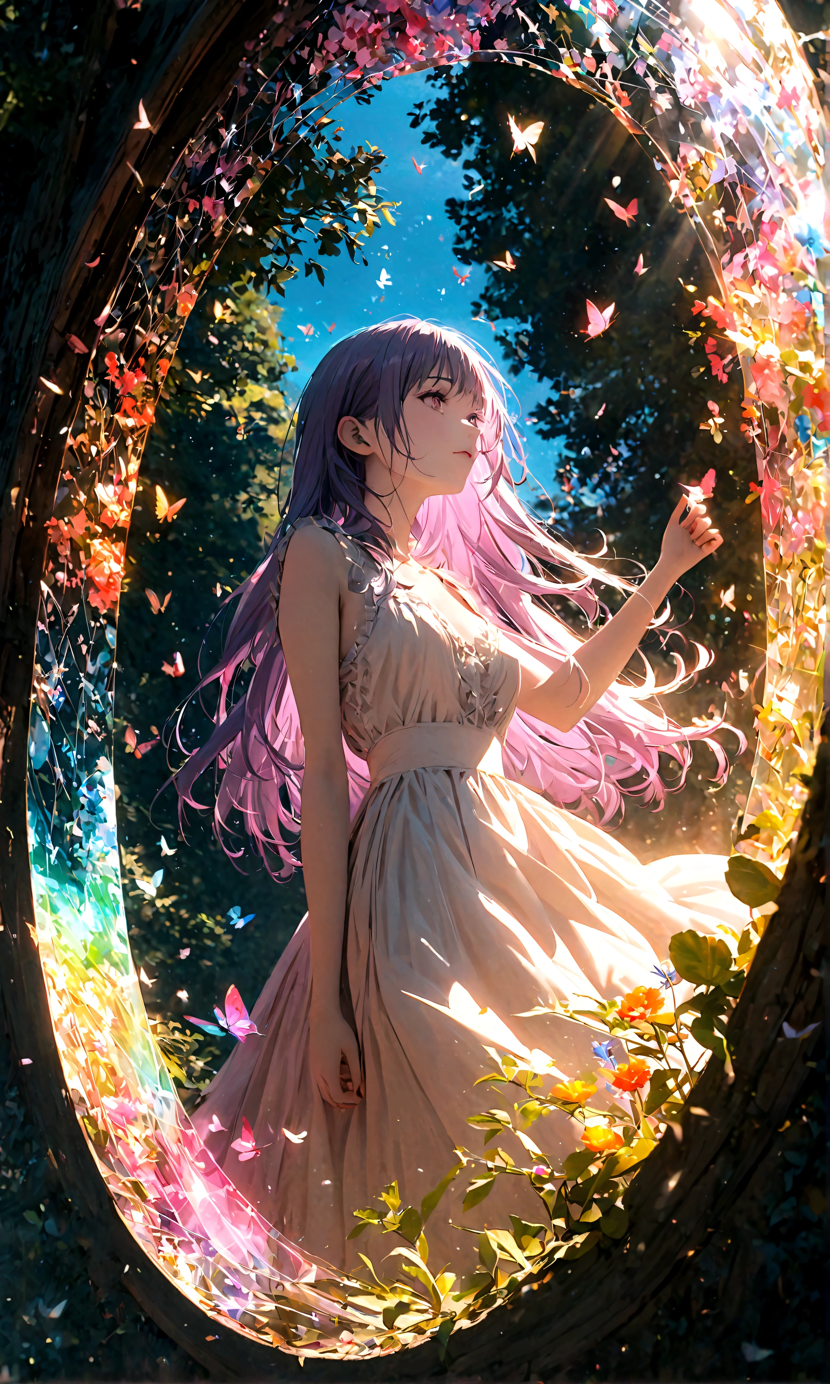 (woman\(student, , JK, Long hair, Colorful eyes, Pale skin,) look up to the sky), (Many butterflies flying in the air), Beautiful sky, Summer,Colorful flowers blooming everywhere, Mysterious and dreamy ,Huge tree,quality\(8K,CG Wallpaper, masterpiece,High resolution,top-quality,Surrealism,Improve resolution,RAW photos,Best quality,Very detailed,light,Ray Tracing,Golden Ratio)