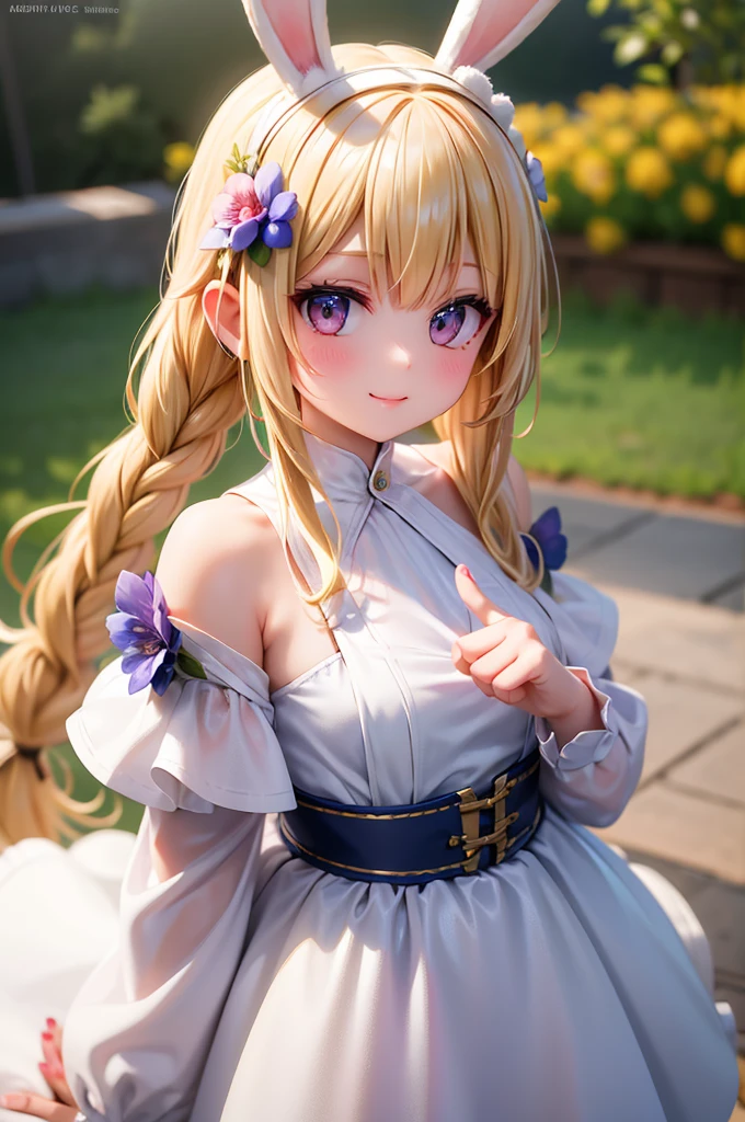 1girl, solo,  long hair, looking at viewer, smile, bangs, blonde hair, hair ornament, holding, animal ears, light blonde eyes, upper body, braid, flower, hair flower, bunny ears , twin braids, lips, animal, watermark , rabbit, head crown, holding animal, flower crown