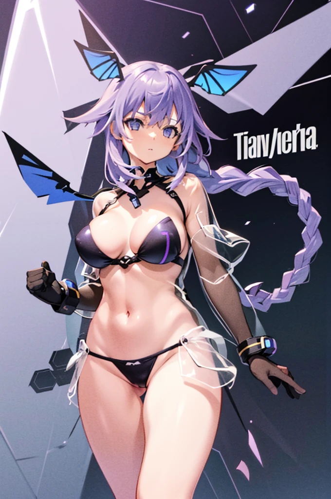 highest quality, 8k, High resolutionアート, High resolution, Super detailed, Very detailed, Cyberspace, (Natural standing posture), (Purple white gradient twin long braided hair:1.2), Cyber Costume, Sci-Fi Costumes, Shine, two piece bikini, (bare belly), digital bodysuit, shoulder gloves, cyber costumes, (fairy wings, wings, digital wings, cyber wings, detached wings), fractal wings, thong, large breasts, wide hips, (perfect body proportions), see-through clothes, crop top, sheer clothes, transparent clothes, transparent poncho, transparent jacket, rain clothes, poncho