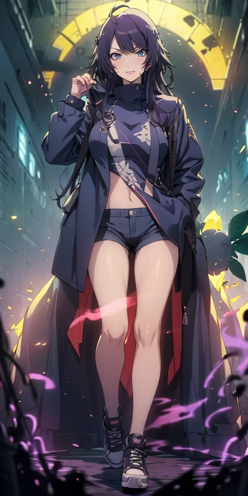 MC, ahoge, (long hari, purple hair:1.3), hair ornament, dark-blue eyes, anatomically correct, heavy breathing, mature female, 1girl, solo, pantyhose, standing, coat, full_body, looking_at_viewer, black_legwear, smile, casual, closed_mouth, shoes, turtleneck, simple_background, blush, bangs, jacket, forest, smoke, water drop, spotlight, bokeh, (bootyshorts:1.4), sneakers, hollow eyes, bright pupils, dark-blue eyes, looking at viewer. glowing eyes heavy breathing, seductive smile, (steaming face:1.3), blush face, lips,