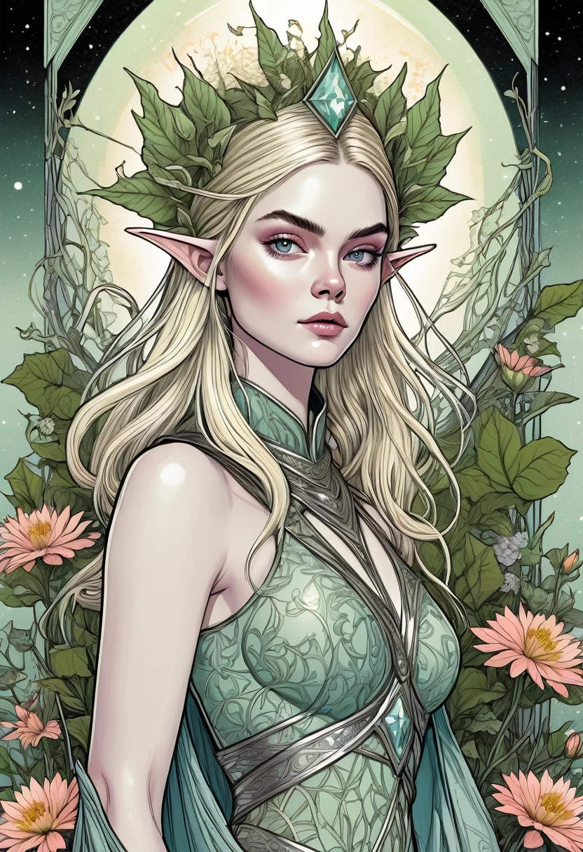 A gorgeous and beautiful tarot card of the Elf Warrior Queen, Fractal Magic, Illustrations in the style of Travis Charest, Ink Line Drawing, poster, Elle Fanning (Elle Fanning) model, CG Society, Fantasy Art, detailed illustration, mystery, Botanical masterpiece, detailed, Surrealism, Elements of Symbolism and Surrealism, Complex design, Intertwined, Beautiful woman, Flowers, Pastel.