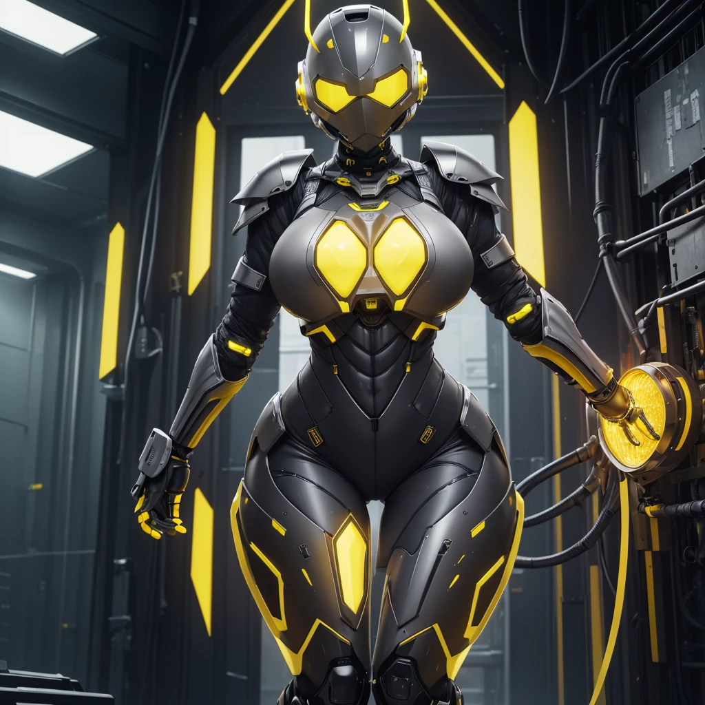 (masterpiece), (best quality), (high res) Solo, (perfect anatomy) Dronificated unknown woman , (enclosed gray full body armor) (yellow lights) (yellow glowing core in the chest), (enclosed cyber helmet), (yellow screen), huge breast, narrow waist, wide hips and thick thigs, in a storage, (no face) no face, no hair, no mouth, no eyes, in a factory