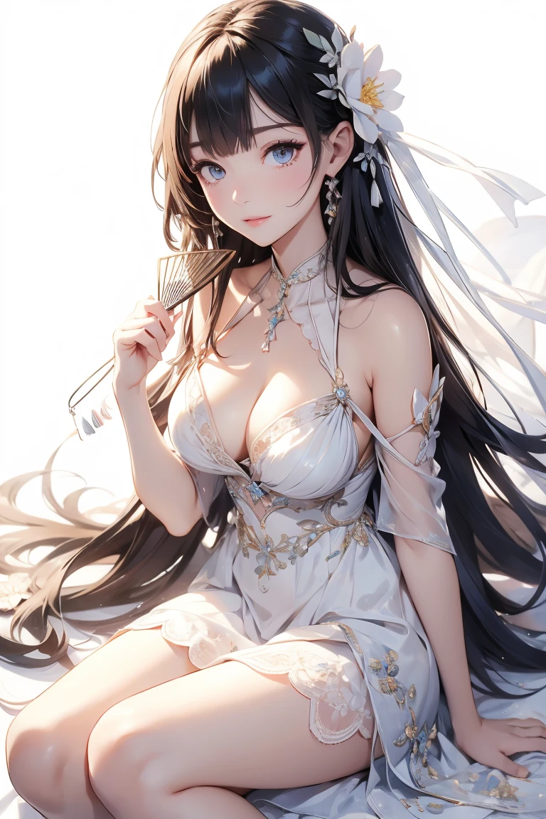 , One girl, alone, Long Hair, chest, dress, large chest, Sitting, View Viewer, white dress, Exposing shoulders, White Background, No sleeve, hair ornaments, Thighs, flower柄プリント, No sleeve dress, bangs, hand fan, Simple Background, flower, Pelvic Curtain, Bare arms, Holding f hair flower, flowerびら, Mouth closed, Holding