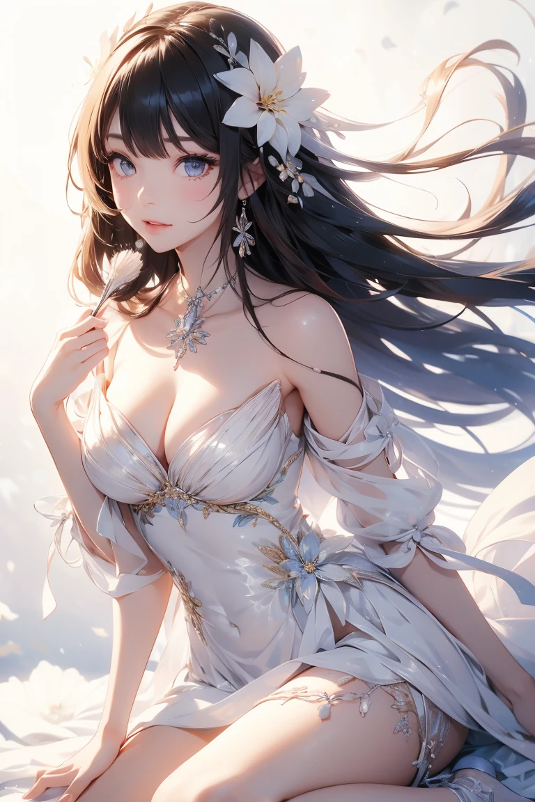 , One girl, alone, Long Hair, chest, dress, large chest, Sitting, View Viewer, white dress, Exposing shoulders, White Background, No sleeve, hair ornaments, Thighs, flower柄プリント, No sleeve dress, bangs, hand fan, Simple Background, flower, Pelvic Curtain, Bare arms, Holding f hair flower, flowerびら, Mouth closed, Holding