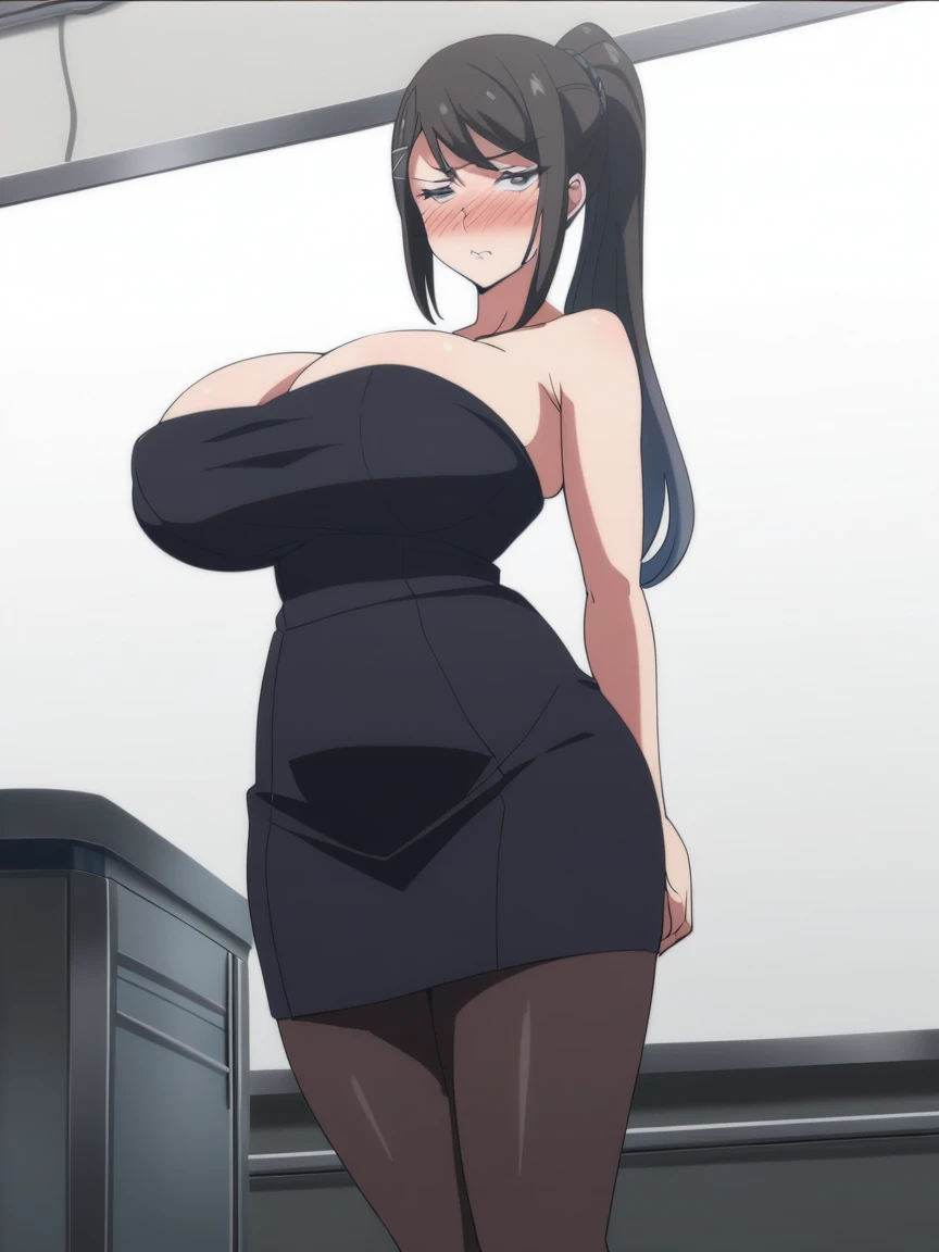 chabashira, 1 girl, ponytail, black hair, hairclip, breasts, cleavage, (((ultra anime sae facial features anime sae facial harmony anime sae lips anime sae eyes anime sae looks ))), front side view ,
(looking at viewer), crossed legs, posing her body, high heels, 
[anime screencap::0.8], masterpiece,best quality, (((huge breast huge pelvis thick thighs))),(wearing strapless black tight maxi dress sexy maxi dress strapless),(sexy dress),(((blush nose Blush))),(sad expression)