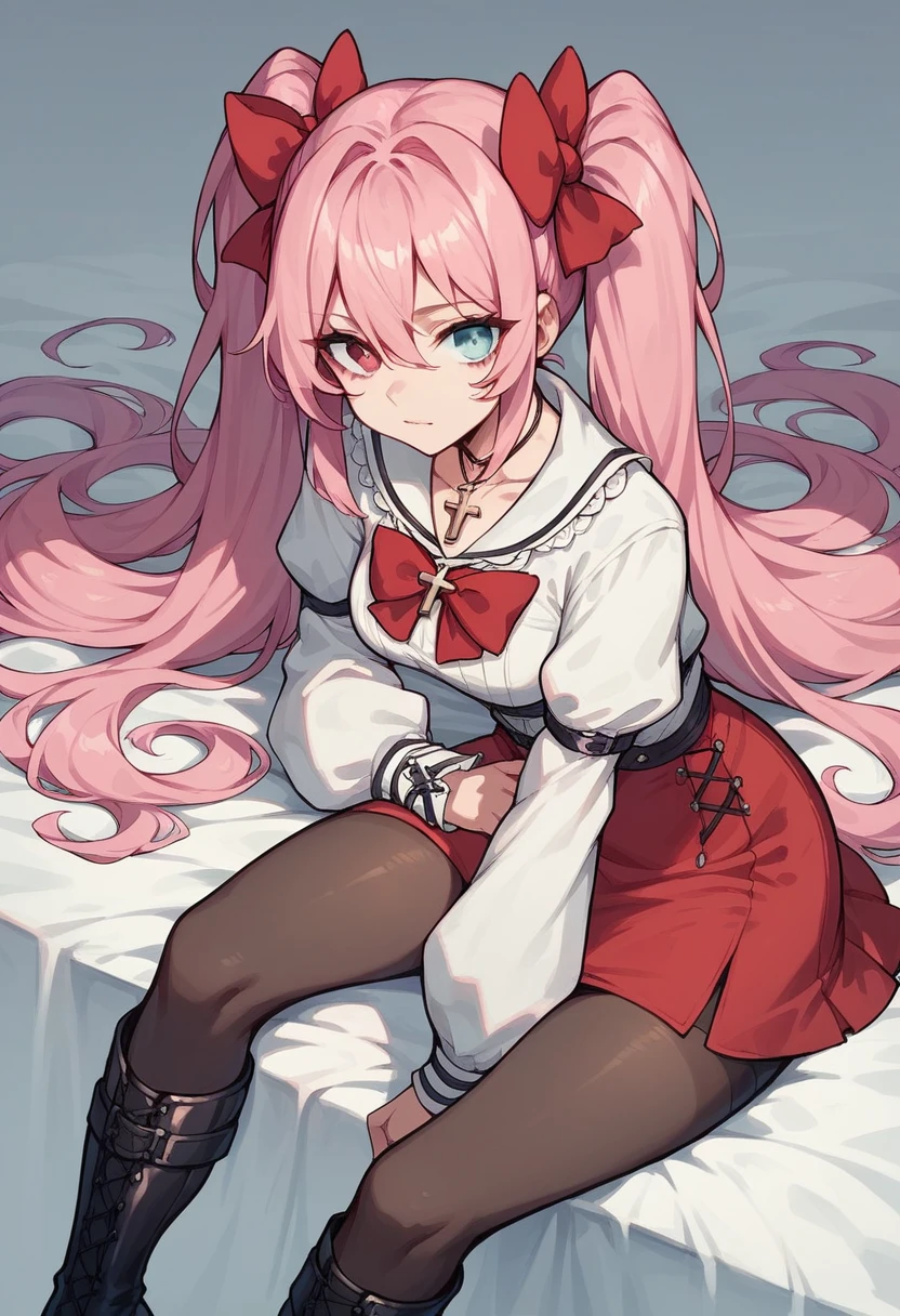 pigtail long pink hair,eterochromia,red and white dress,red bow, cross necklace, red skirt, black boots, tights,big tits,sexy