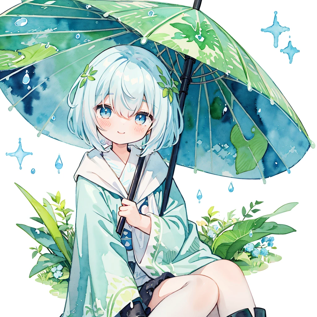 (pastel colour:1.5)、(cute illustration:1.5)、(Watercolor:1.2)、(One Girl:1.0)、Hair between the eyes、White Background、With a girl、whole bodyエスビアン、Use an umbrella made of a large leaf、Holding a leaf umbrella, Rain Girl, rain, poncho、Blue and light blue motif、rainをモチーフに, blue eyes, cute, short hair, smile, poncho with rain pattern、Upper Body, Fantasy, Detailed Images、smile、とてもcute、Adorable、Toyowa Toyowa、hydrangea、梅rain、rain、whole body、Wearing cute boots、Clear Material、poncho、Puddle under your feet、grass、Solo Illustration、Use a large lotus leaf as an umbrella