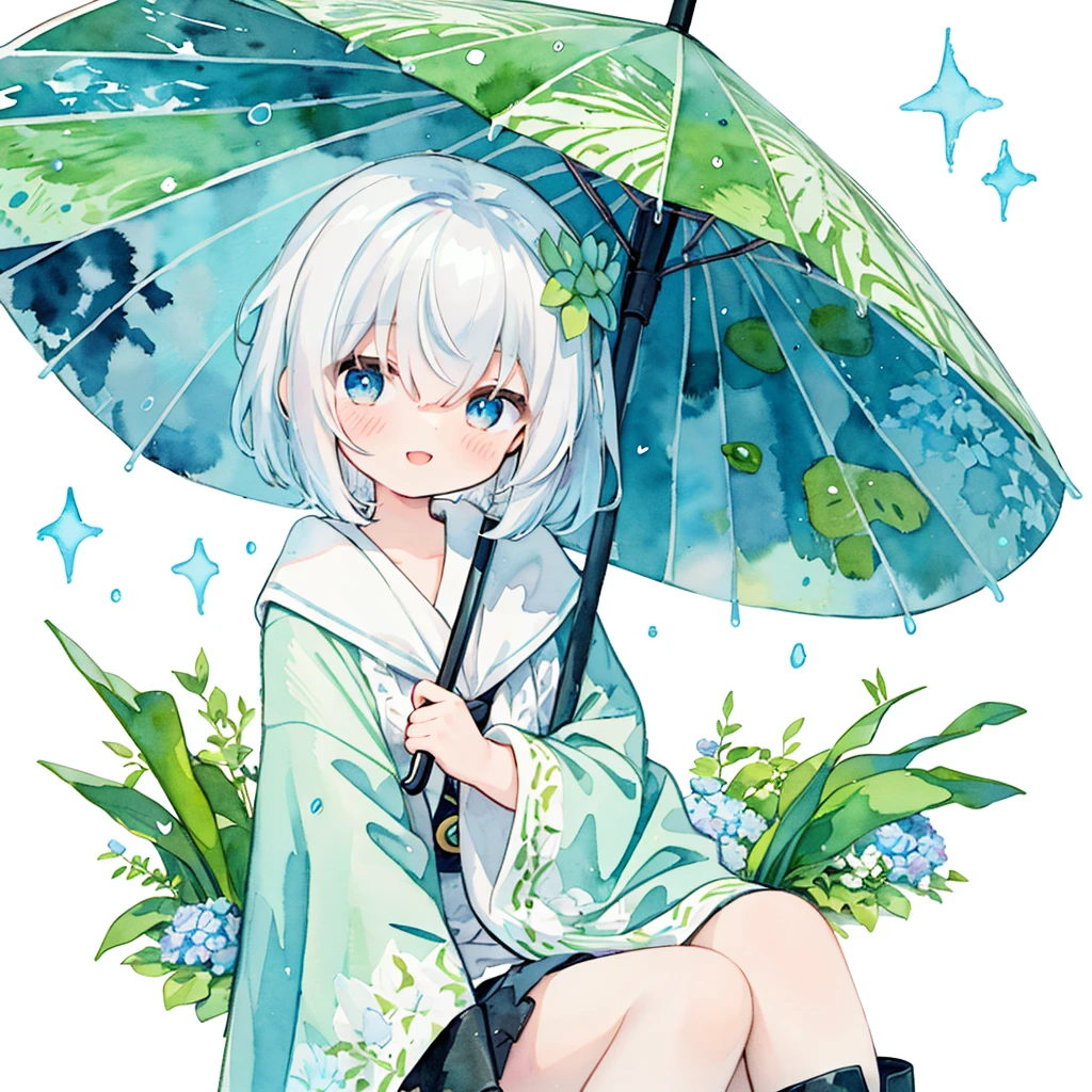 (pastel colour:1.5)、(cute illustration:1.5)、(Watercolor:1.2)、(One Girl:1.0)、Hair between the eyes、White Background、With a girl、whole bodyエスビアン、Use an umbrella made of a large leaf、Holding a leaf umbrella, Rain Girl, rain, poncho、Blue and light blue motif、rainをモチーフに, blue eyes, cute, short hair, smile, poncho with rain pattern、Upper Body, Fantasy, Detailed Images、smile、とてもcute、Adorable、Toyowa Toyowa、hydrangea、梅rain、rain、whole body、Wearing cute boots、Clear Material、poncho、Puddle under your feet、grass、Solo Illustration、Use a large lotus leaf as an umbrella
