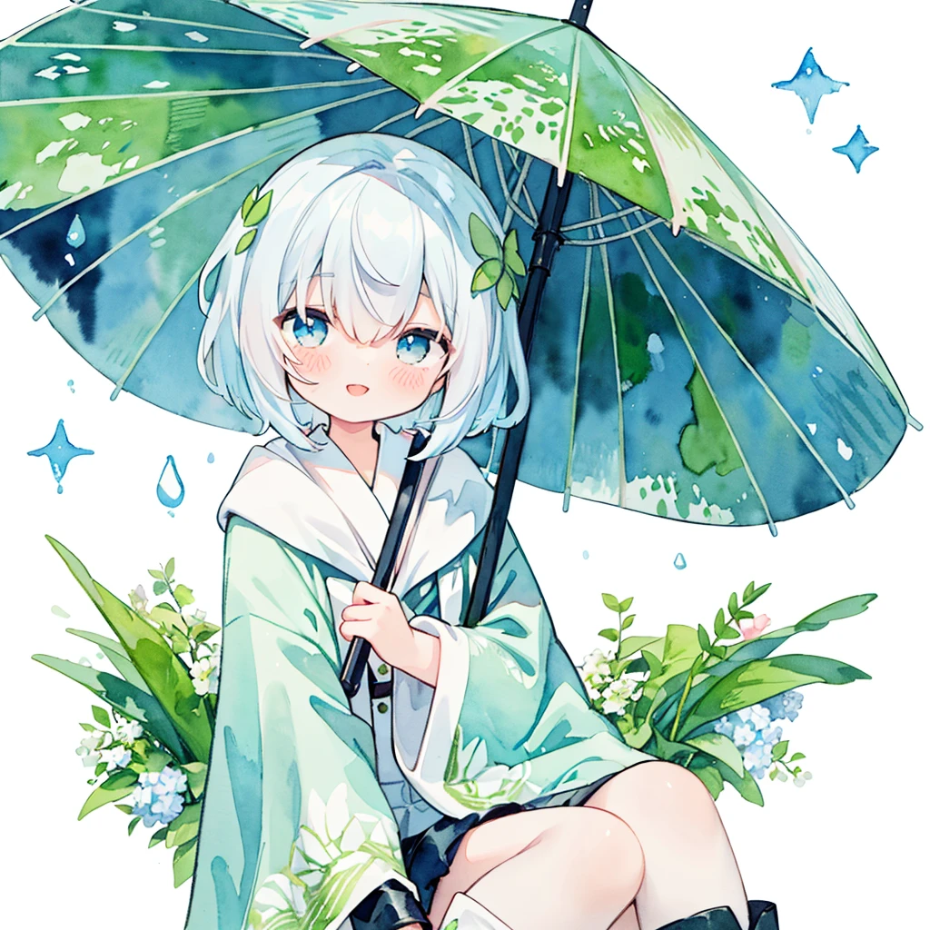 (pastel colour:1.5)、(cute illustration:1.5)、(Watercolor:1.2)、(One Girl:1.0)、Hair between the eyes、White Background、With a girl、whole bodyエスビアン、Use an umbrella made of a large leaf、Holding a leaf umbrella, Rain Girl, rain, poncho、Blue and light blue motif、rainをモチーフに, blue eyes, cute, short hair, smile, poncho with rain pattern、Upper Body, Fantasy, Detailed Images、smile、とてもcute、Adorable、Toyowa Toyowa、hydrangea、梅rain、rain、whole body、Wearing cute boots、Clear Material、poncho、Puddle under your feet、grass、Solo Illustration、Use a large lotus leaf as an umbrella