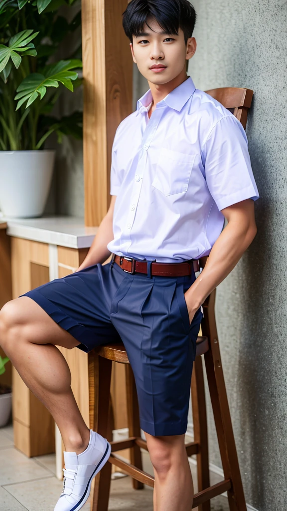 Masterpiece, best quality, High quality, วอลล์เปเปอร์ CG unity 8k ที่มีvery detailed, depth of field, HDR,,photorealistic,very detailed, 1 man sitting on a chair, Asia, black short hair, , (Thai , white shirt), dark Blue cargo shorts, chest muscles, Big arm muscles, blood vessel, big muscles, Broad shoulders, looking at the audience, Balancing the eyes, (Make eye contact)