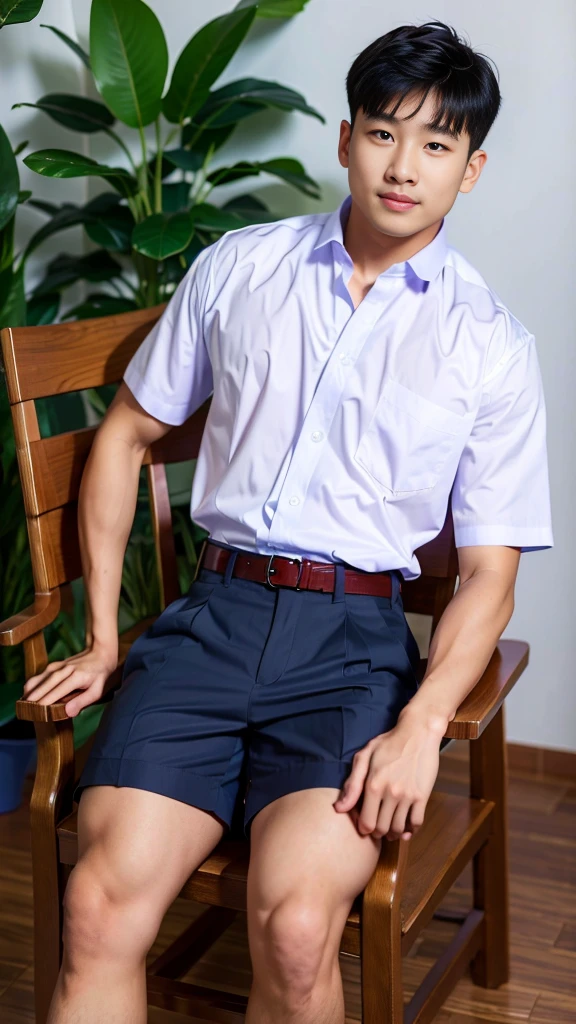 Masterpiece, best quality, High quality, วอลล์เปเปอร์ CG unity 8k ที่มีvery detailed, depth of field, HDR,,photorealistic,very detailed, 1 man sitting on a chair, Asia, black short hair, , (Thai , white shirt), dark Blue cargo shorts, chest muscles, Big arm muscles, blood vessel, big muscles, Broad shoulders, looking at the audience, Balancing the eyes, (Make eye contact)