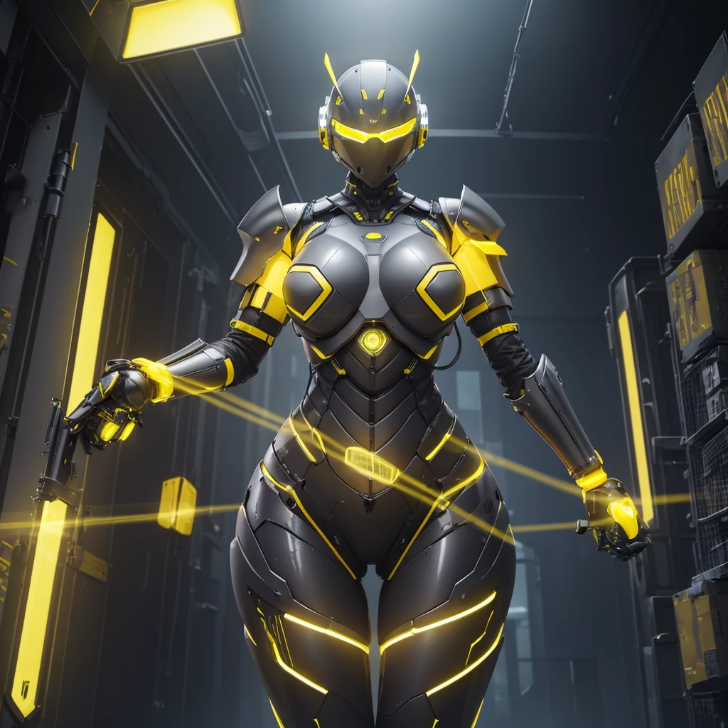 (masterpiece), (best quality), (high res) Solo, (perfect anatomy) Dronificated unknown woman , (enclosed gray full body armor) (yellow lights) (yellow glowing core in the chest), (enclosed cyber helmet), (yellow screen), huge breast, narrow waist, wide hips and thick thigs, in a storage, (no face) no face, no hair, no mouth, no eyes, in a factory
