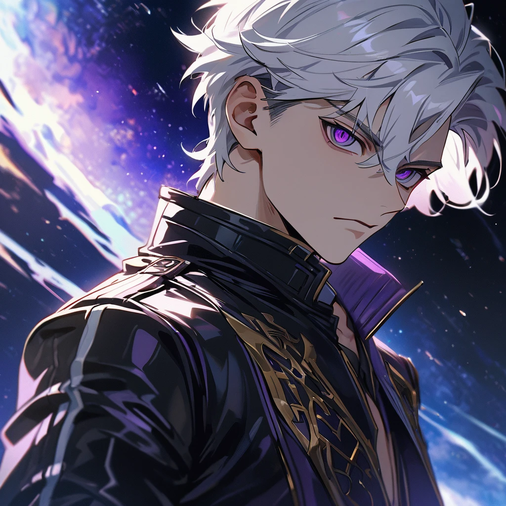 High quality, HD, 4k, handsome male, 1male, , teenager, golden lining, short white hair, sharp eyes, dark purple eyes, deep purple eyes, devil may cry, close up, calm expression, stoic expression, black leather clothes, lean body, upper body, looking at viewer, cowboy shot, white solar, space background