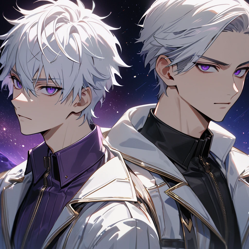 High quality, HD, 4k, handsome male, 1male, , teenager, go lining, short white hair, sharp eyes, dark purple eyes, deep purple eyes, devil may cry, close up, calm expression, stoic expression, black leather clothes, lean body, upper body, looking at viewer, cowboy shot, white solar, space background