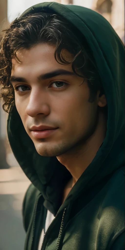 a young handsome spanish man with curly hair and green eyes, wearing a hoodie, happily petting a dog, detailed facial features, high quality realistic portrait, masterpiece, photorealistic, ultra-detailed, vibrant colors, natural lighting, soft focused background