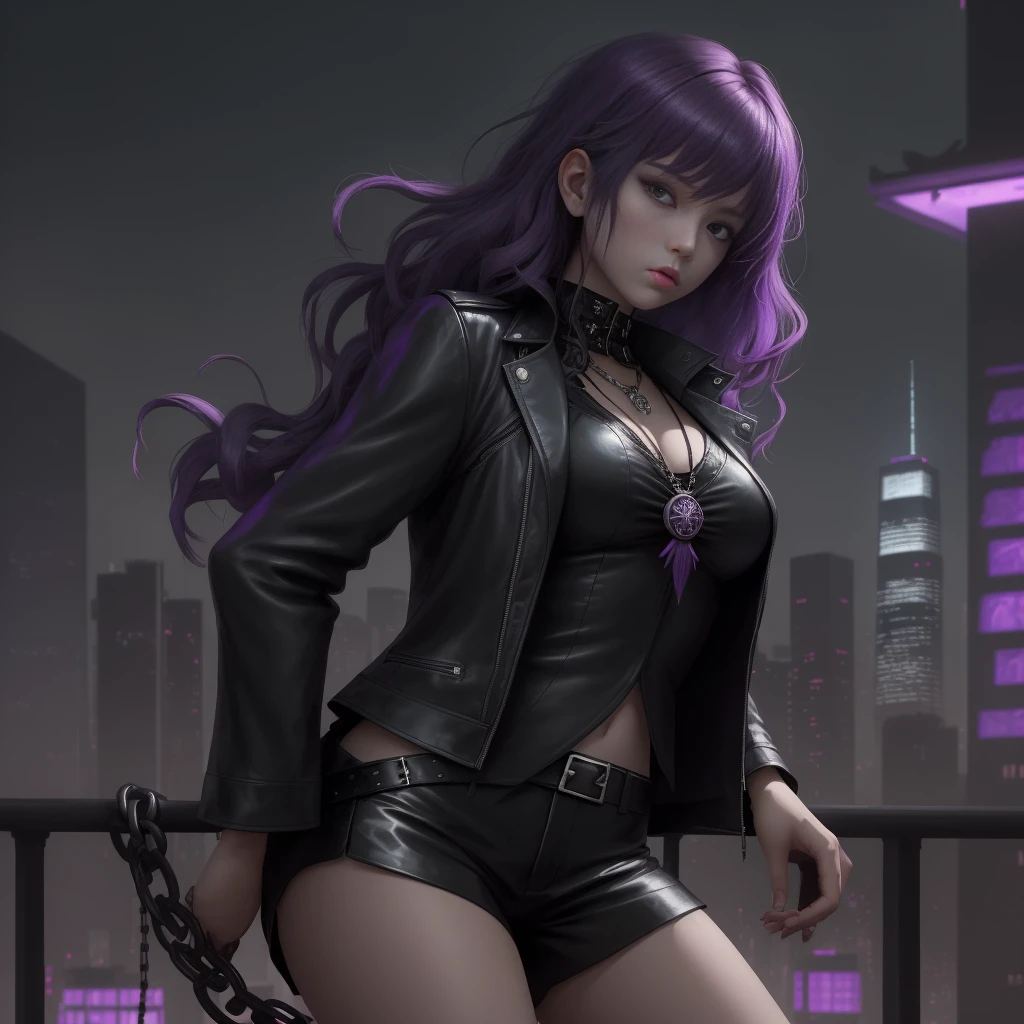 A single girl, depicted in a solo portrait, is the focus of this official art piece. The image is an 8k resolution wallpaper that showcases an ultra-detailed close-up of her face. It's a beautiful and aesthetic representation, truly a gorgeous masterpiece of the highest quality. The atmosphere is fantastic, with a calming color palette and a quiet mood enhanced by soft shading. She embodies a priestess named Miko, complete with a charm spell and a family talisman, fulfilling her priestess duties. The dark aesthetic is complemented by her attire—a suit and tie paired with black leather shorts adorned with numerous chains, and a black leather jacket. The backdrop features the cityscape of Tokyo, while her messy short purple hair adds a touch of chaos to the serene composition.