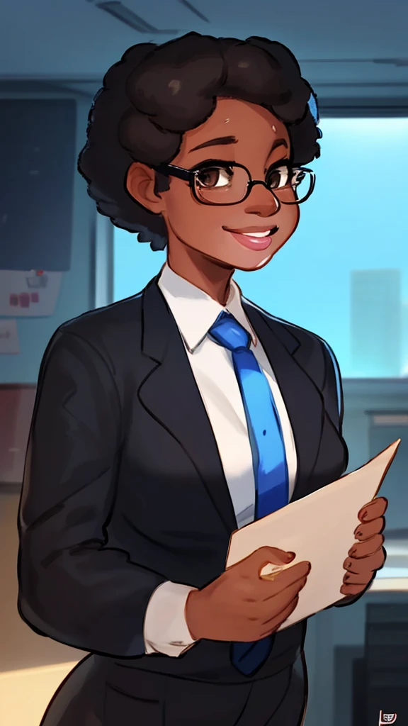 (Human), By bebebebebe, by lostgoose, by goonie-san, Solo, standing, black woman, office worker, glasses, big glossy lips, ((lip gloss)), eyelashes, eyeliner, dark brown eyes, black curly hairstyle, 