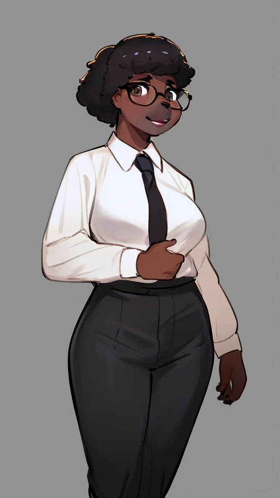 (Human), By bebebebebe, by lostgoose, by goonie-san, Solo, standing, black woman, office worker, glasses, big glossy lips, ((lip gloss)), eyelashes, eyeliner, dark brown eyes, black curly hairstyle, 