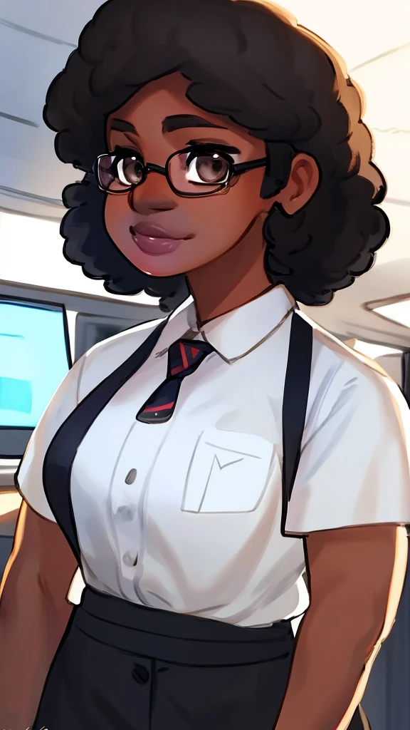 (Human), By bebebebebe, by lostgoose, by goonie-san, Solo, standing, black woman, office worker, glasses, big glossy lips, ((lip gloss)), eyelashes, eyeliner, dark brown eyes, black curly hairstyle, 