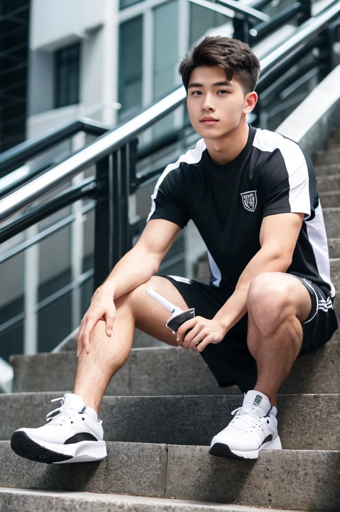 (Man in his 20s, Refreshingly handsome, Kind Face), (Sportswear, Gym Trainers)