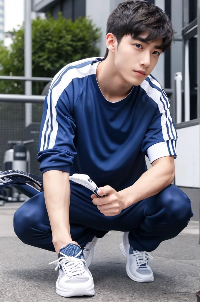 (Man in his 20s, Refreshingly handsome, Kind Face), (Sportswear, Gym Trainers)