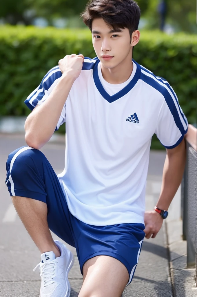 (Man in his 20s, Refreshingly handsome, Kind Face), (Sportswear, Gym Trainers)