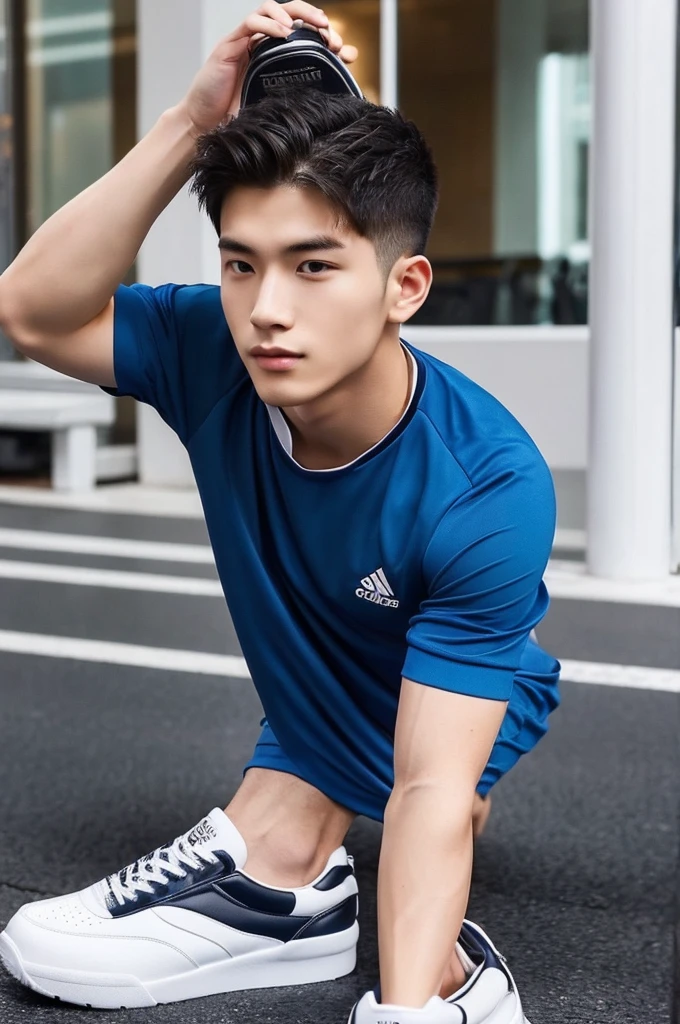 (Man in his 20s, Refreshingly handsome, Kind Face), (Sportswear, Gym Trainers)