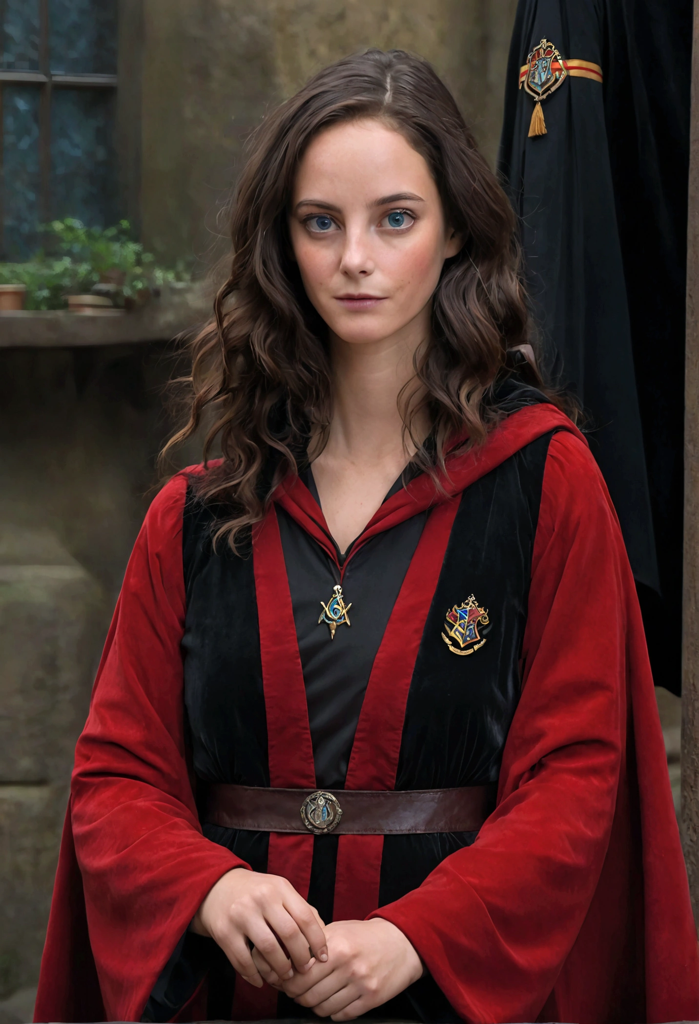 Arad woman in Harry Potter robes(((medium close-up))),1girl in,8K, Raw photography, top-quality, masterpiece, realisitic,Robes,wearing black wizard robes, magic , looks like an aged 29 Kaya Scodelario, aged 34, wearing robes and neckties, hogwarts style, wearing red sorcerer's robes, High quality clothing, (Canon EOS 5D Mark IV Camera, Famous for capturing vibrant colors and rich textures:1.2)