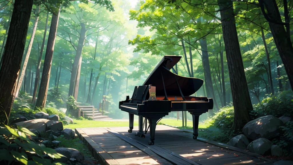 青い紅葉のwoodの下置かれた黒いグランドピアノ、wood々の間からwood漏れ日がキラキラしている、Makoto Shinkai-style anime touch、Deep green forest、1 grand piano