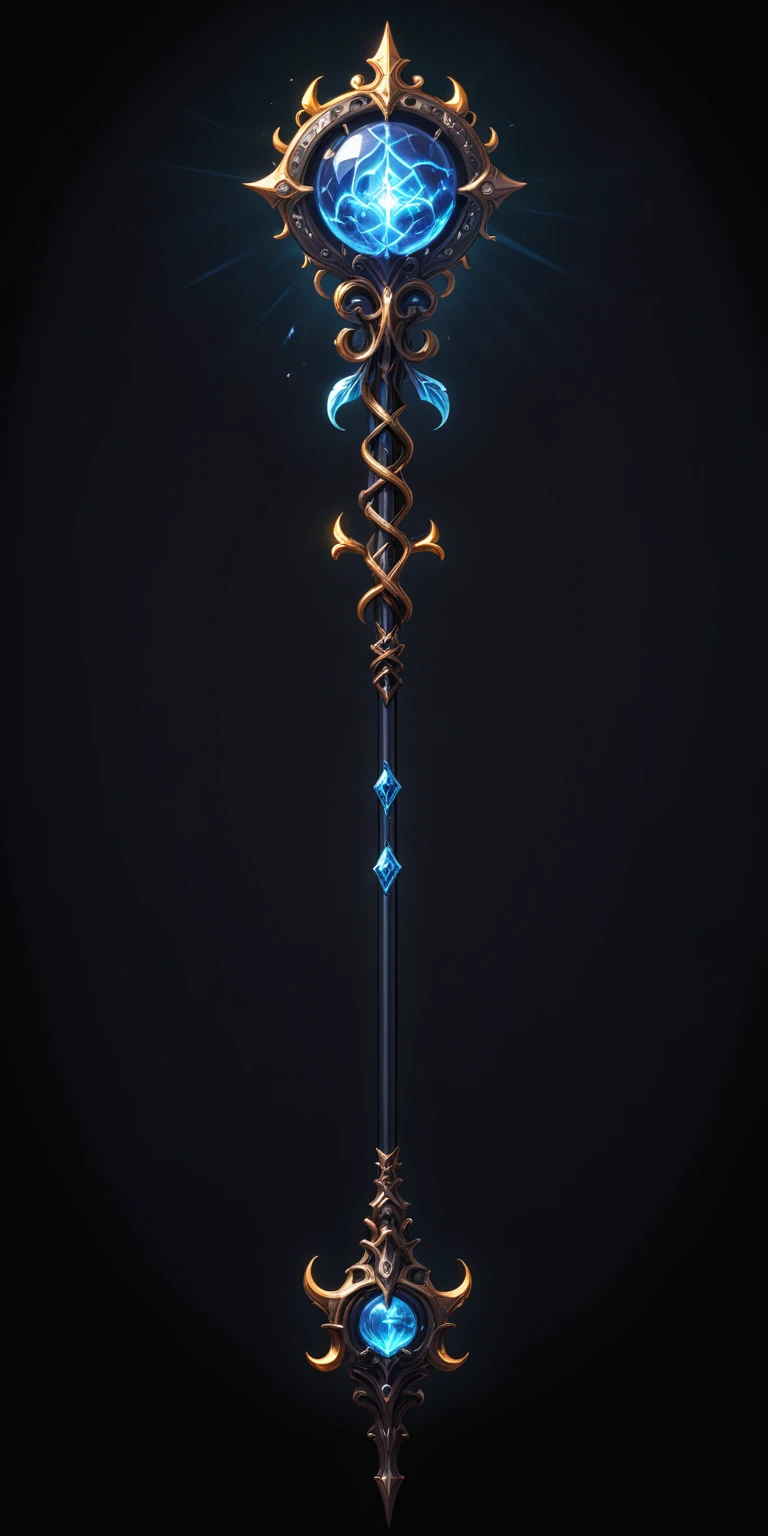 pixel art, cartoon illustration, Divine glavie greatstaff, Powerfull Magical theme, simple black background, RPG game icon