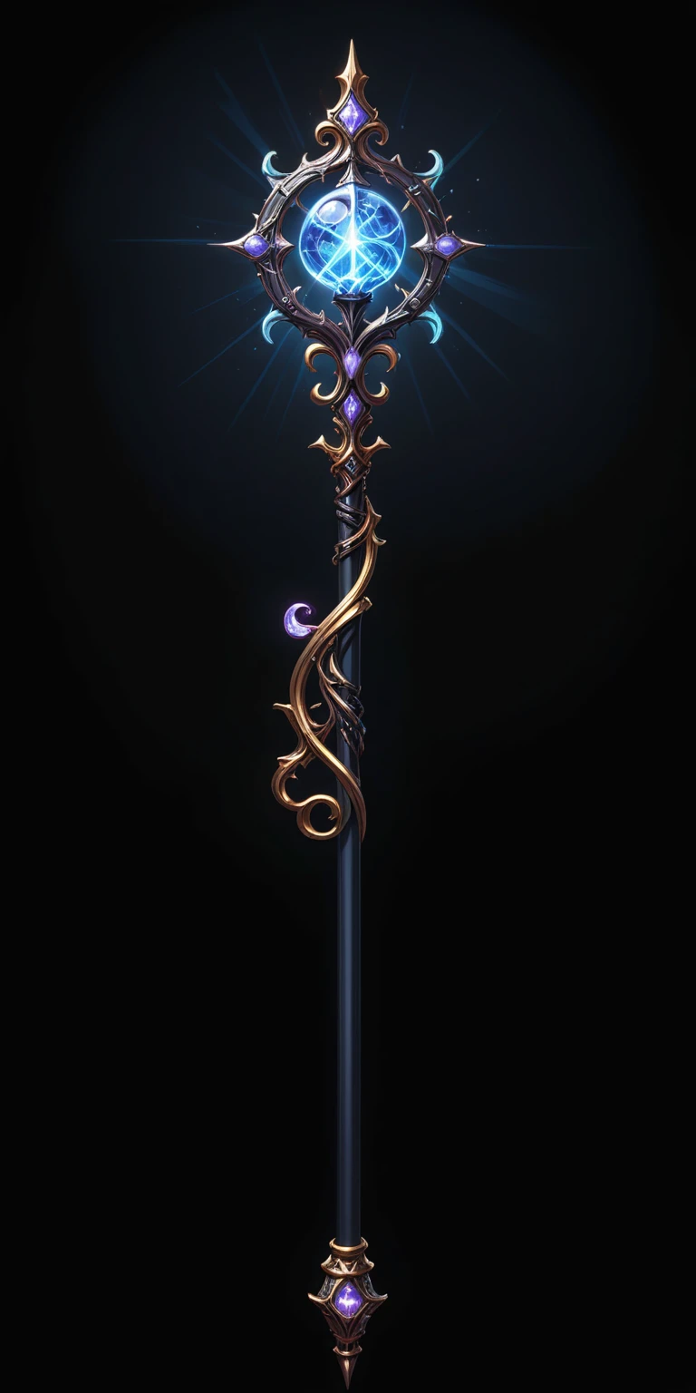 pixel art, cartoon illustration, Divine glavie greatstaff, Powerfull Magical theme, simple black background, RPG game icon