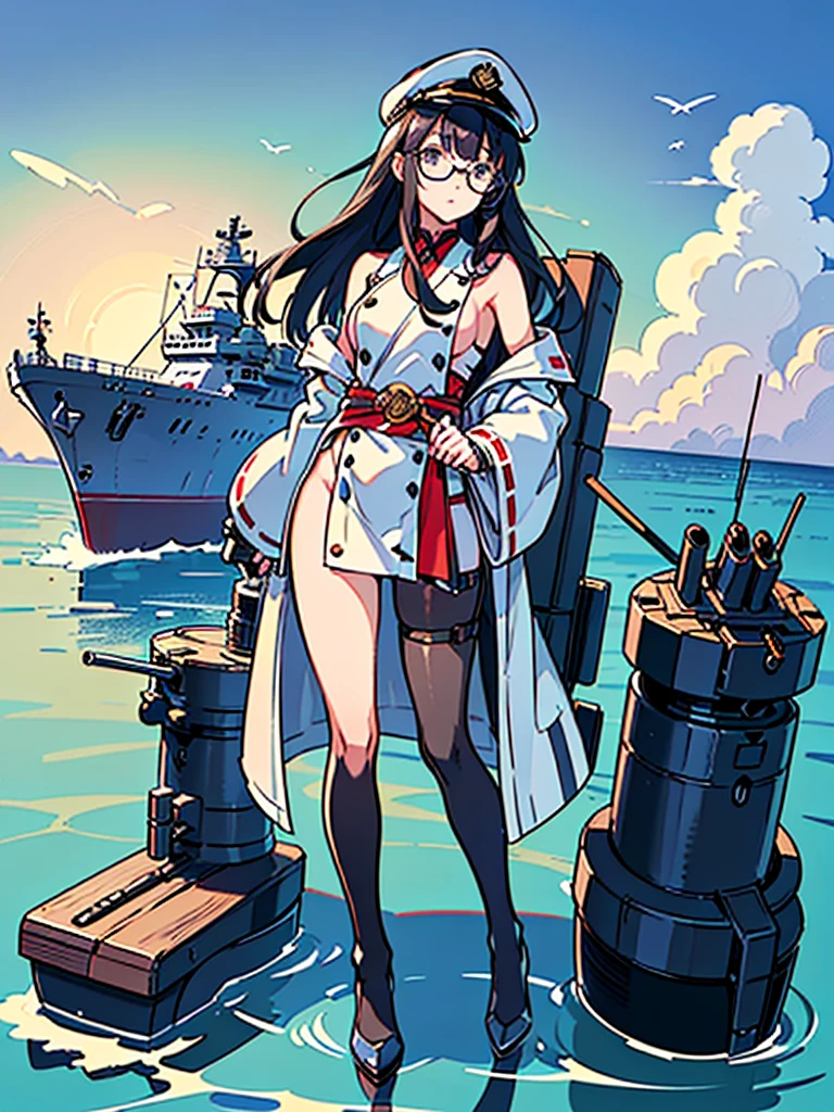 ((((Full body of a woman with perfect flat chest、Short unkempt black hair、white military jacket、Miko costume、tights、Black glasses、White military cap、Cloudy eyes、Sleepy expression)))), (((masterpiece))), (((Shipgirl))), (Another Woman、Long purple hair、Messy Hair、Big Breasts、Hugging her naked), ((Floating on the morning sea with both feet)), (Spread your legs wide open), (Hold the turret with your right hand), (Mechanical arms extending from the waist are used to equip the ship with battleship equipment.), (Equipped with a turret on the back), (Holds the turret with his left arm), Torpedo tubes on thighs, Spreading the Machine&#39;s Wings, Machine tail,  shotgun, 