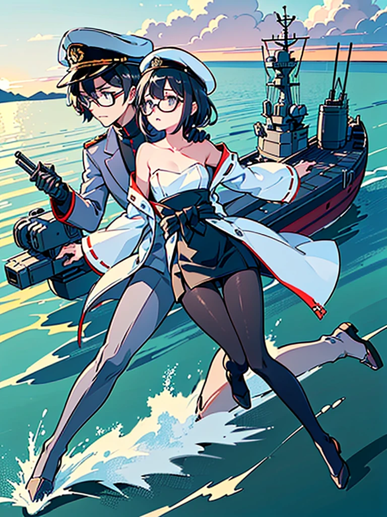 ((((Full body of a woman with perfect flat chest、Short unkempt black hair、white military jacket、Miko costume、tights、Black glasses、White military cap、Cloudy eyes、Sleepy expression)))), (((masterpiece))), (((Shipgirl))), (Another Woman、Long purple hair、Messy Hair、Big Breasts、Hugging her naked), ((Floating on the morning sea with both feet)), (Spread your legs wide open), (Hold the turret with your right hand), (Mechanical arms extending from the waist are used to equip the ship with battleship equipment.), (Equipped with a turret on the back), (Holds the turret with his left arm), Torpedo tubes on thighs, Spreading the Machine's Wings, Machine tail, shotgun,