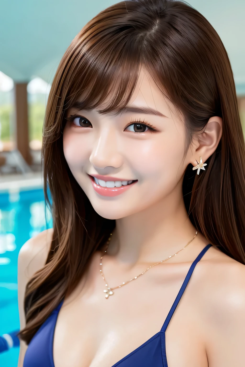 Beautiful Young Woman of the Year、 Korean women、Brown Hair、Necklace around the neck、Woman in swimsuit、、smile, Beautiful teeth alignment、Intricate details, Very detailed:1.2), 、 Looking into the camera,background is indoor pool、ear piercing
、ear piercing