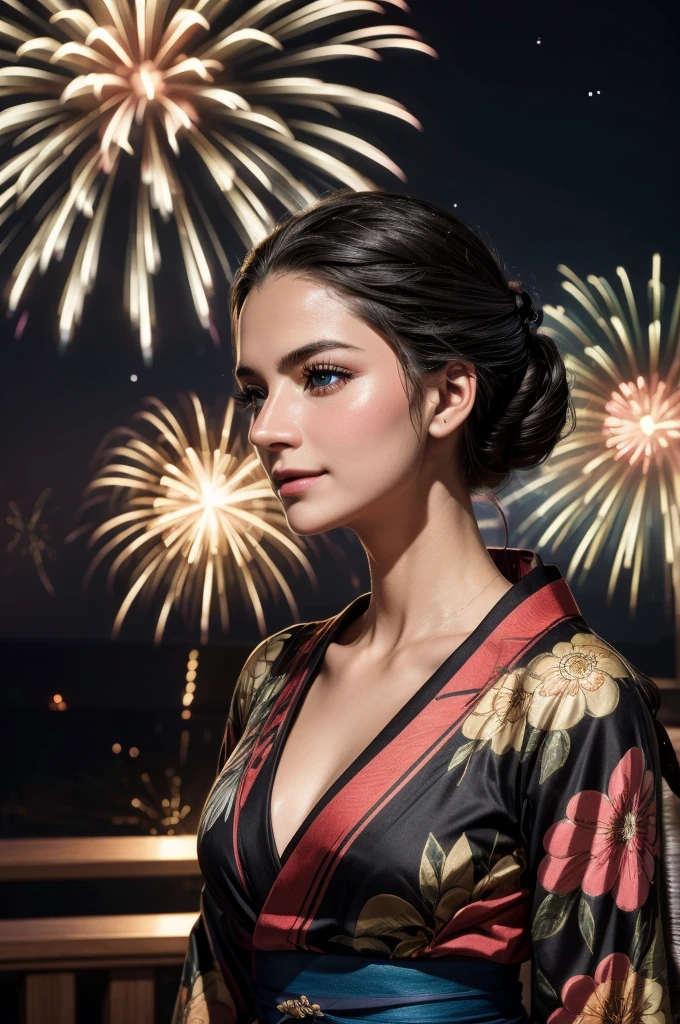 masterpiece, best quality, extremely detailed, hyperrealistic:1.1, photorealistic, a beautiful 20s russian model, ultra detailed face:1.1, half updo, black hair, japanese yukata, fireworks festival, detailed fireworks:1.1, fireworks burst in a multitude of vibrant hues, each explosion is intricately detailed with sparks and captivating rails, the night sky is clear and the stars twinkle in the background, medium shot, laughing